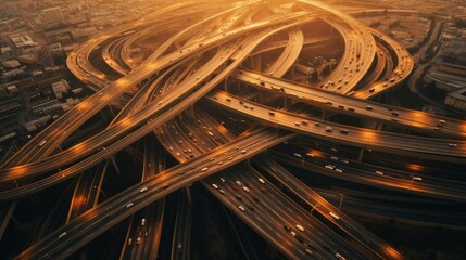 Overhead views of a bustling freeway interchange connecting major highways and roads, capturing traffic flow. 