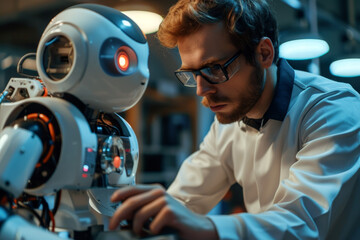 Engineer Programming Humanoid Robot in Lab
An engineer with glasses intently programs a humanoid robot, a glimpse into the collaborative future of humans and advanced robotics in a laboratory setting.