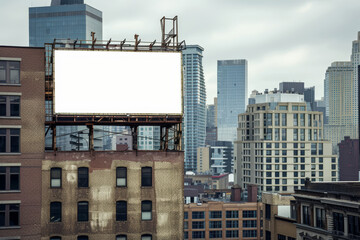 Blank Billboard on a Rooftop in the City
A large blank billboard atop an urban building provides a prominent advertising space against the backdrop of a dense city skyline.
