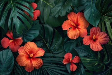 Fototapeta premium colorful flower on dark tropical foliage nature background