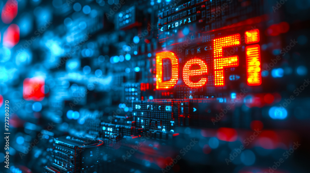 Poster dynamic neon defi text on a matrix-style blockchain background, symbolizing decentralized finance te