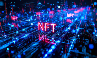 Vibrant blue neon NFT sign glowing on a futuristic cybernetic digital landscape, representing the cutting-edge blockchain technology and digital asset trend