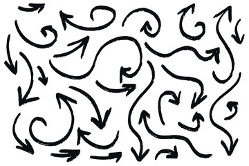 Arrows symbols set. Black hand draw grunge arrows on white background. 