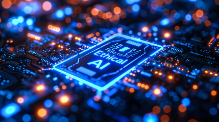 Futuristic neon-lit circuit board with Ethical AI text highlighting the importance of morality in artificial intelligence development