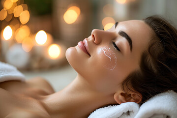 Close up of young women enjoying spa. Side view of beautiful woman face during lying down and closing her eyes while getting spa. For body care, anti aging treatment, spa concept. Generative AI