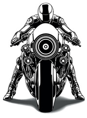 Drawing of a Biker from the Future - Black and White Illustration with a Fictional Motorcycle from a Frontal View Isolated on a White Background, Vector