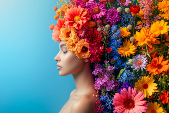 woman portrait with colorful flowers over her head