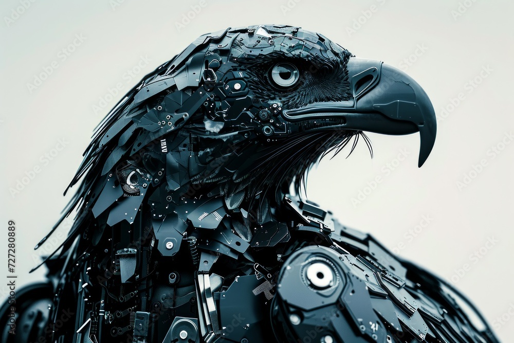 Poster photo concept of a cybernetically enhanced bald eagle with robotic parts and technological augmentat
