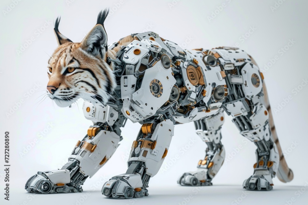 Poster photo concept of a cybernetically enhanced lynx with robotic parts and technological augmentations, 