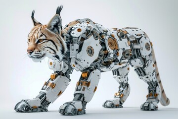 Photo concept of a cybernetically enhanced lynx with robotic parts and technological augmentations, set against a plain white backdrop 