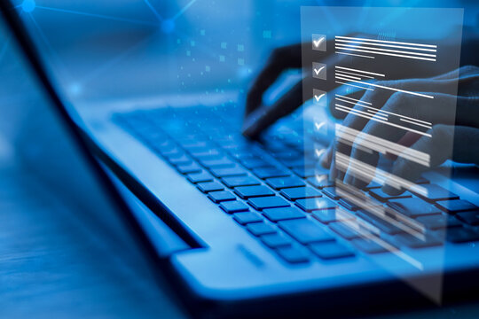 businesswoman checking business performance Business performance monitoring concept, businesswoman using computer Online survey filling out, digital form checklist