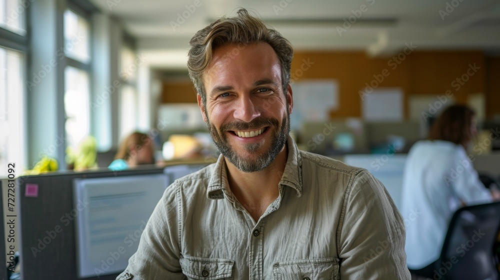 Poster Photo concept of a man in an office cubicle, smiling confidently while working on paperwork and interacting with colleagues Generative AI
