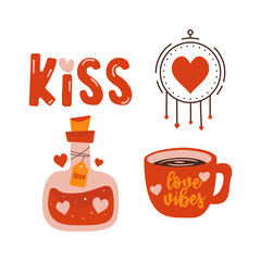 Valentines day elements designs set. Valentine flat clipart collection with love elixir, coffee cup and dreamcatcher . Holiday of love symbols in cute style. Stock illustrations