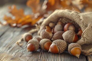 Fototapeta premium Macro acorns on the wooden table botanical element