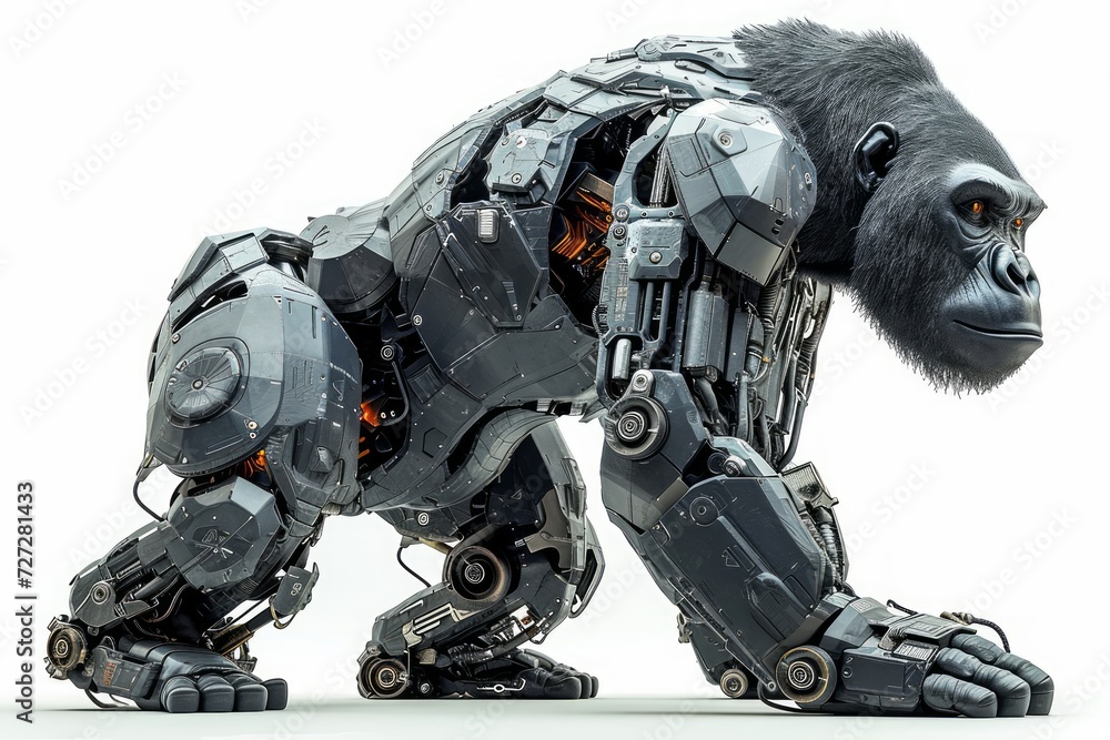 Poster photo concept of a robotically modified gorilla, featuring mechanical arms and cybernetic enhancemen