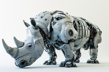 Photo concept of a robotically modified rhinoceros, showcasing technological advancements against a simple white backdrop 
