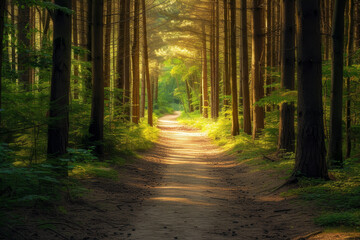 Sunlit Path Through a Peaceful Forest
