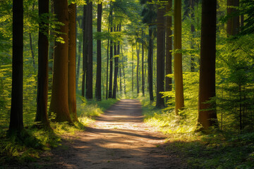 Inviting Sun-Dappled Forest Pathway
