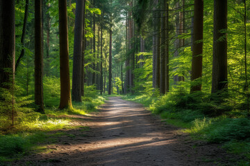 Sunlit Forest Trail in Lush Green Woods
