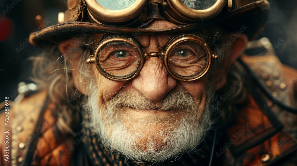 Aufkleber Photo concept of an elderly post-apocalypse individual in steampunk attire, smiling and displaying resilience in a difficult world Generative AI