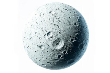 Photo concept of Ariel, a moon of Uranus, exhibiting its cratered surface and icy features against a white background 