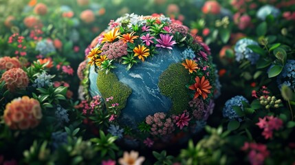 Obraz na płótnie Canvas Photo concept of Earth showing continents transformed into lush floral landscapes, displaying vibrant flowers covering each continent, symbolizing the planet's beauty and the colorful 