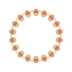 Easter egg round frame design. Easter holiday egg hunt border in colorful flat style with yellow flowers and ornaments. Retro wreath. Stock vector illustration card