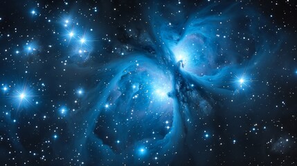 Photo concept of the Pleiades Open Cluster, emphasizing its bright stars and reflection nebulae...