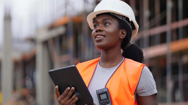 young woman wearing a safety helmet and reflective vest is holding a tablet and looking up