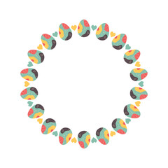 Easter egg round frame design. Easter holiday egg hunt border in colorful flat style with ornaments. Retro wreath. Stock vector illustration card isolated