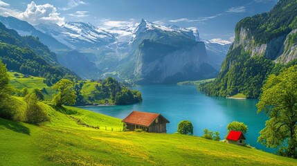 Picturesque Swiss mountain and lake vista showcasing vibrant green meadows merging with the lakeshore, realistic portrayals of lush grass, 