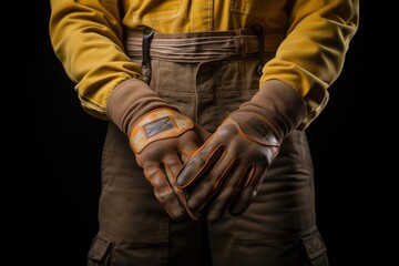 Closeup of Professional Construction Worker Putting On Industrial Gloves Before Starting Work at Building.