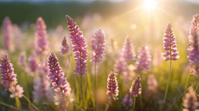 Sunrise in the field with flowers. AI