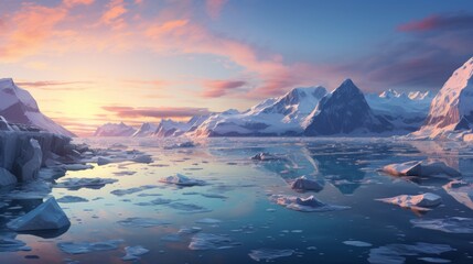 Photorealistic Antarctic sunset panorama 