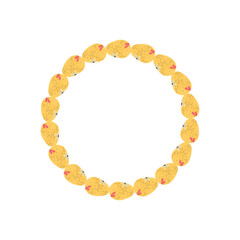 Easter egg round frame design. Easter holiday egg hunt border in colorful flat style with ornaments. Retro yellow wreath. Stock vector illustration card