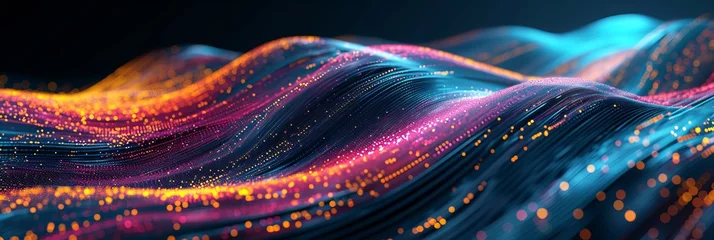 Foto op Plexiglas Big data analysis abstract background with glowing lines representing data rivers in motion, visualizing a dynamic interplay of information as colorful streams against a shadowy backdrop. © Bilas AI
