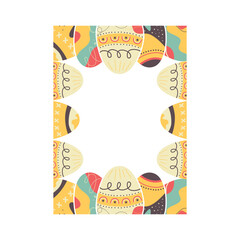 Easter egg rectangle frame design. Easter holiday egg hunt border in colorful flat style with stylish ornaments. Retro wreath. Stock vector illustration card