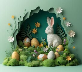 Easter Bunny in a Paper Crafted Enchanted Forest.
A serene Easter bunny amidst a paper-crafted forest scene.