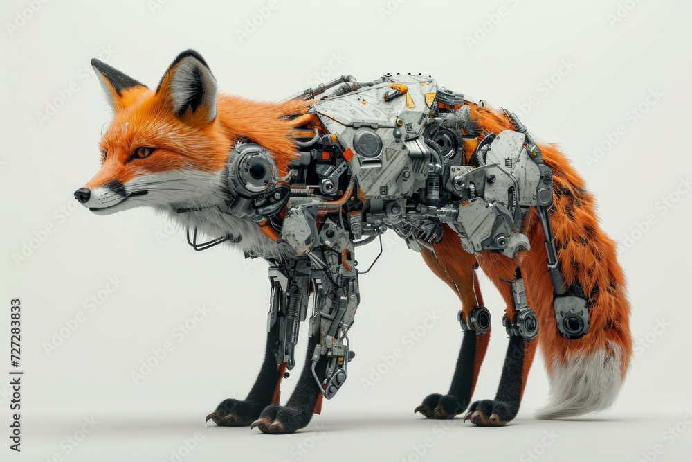Aufkleber Realistic depiction of a cybernetically enhanced fox with robotic parts and technological upgrades, set against a plain white backdrop 