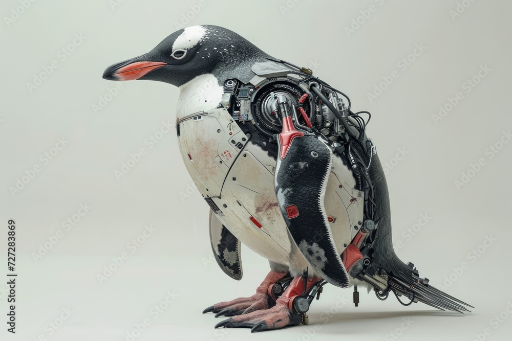 Aufkleber Realistic depiction of a cybernetically enhanced penguin with mechanical parts and technological modifications, displayed against a plain white backdrop 