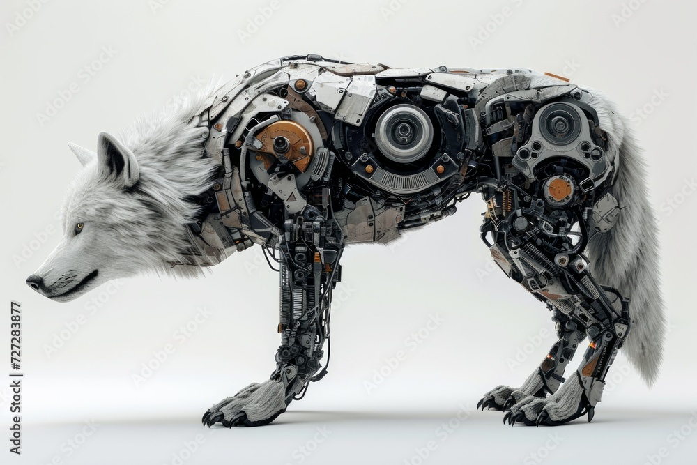 Poster Realistic depiction of a cybernetically enhanced wolf with robotic parts and technological upgrades, set against a plain white backdrop