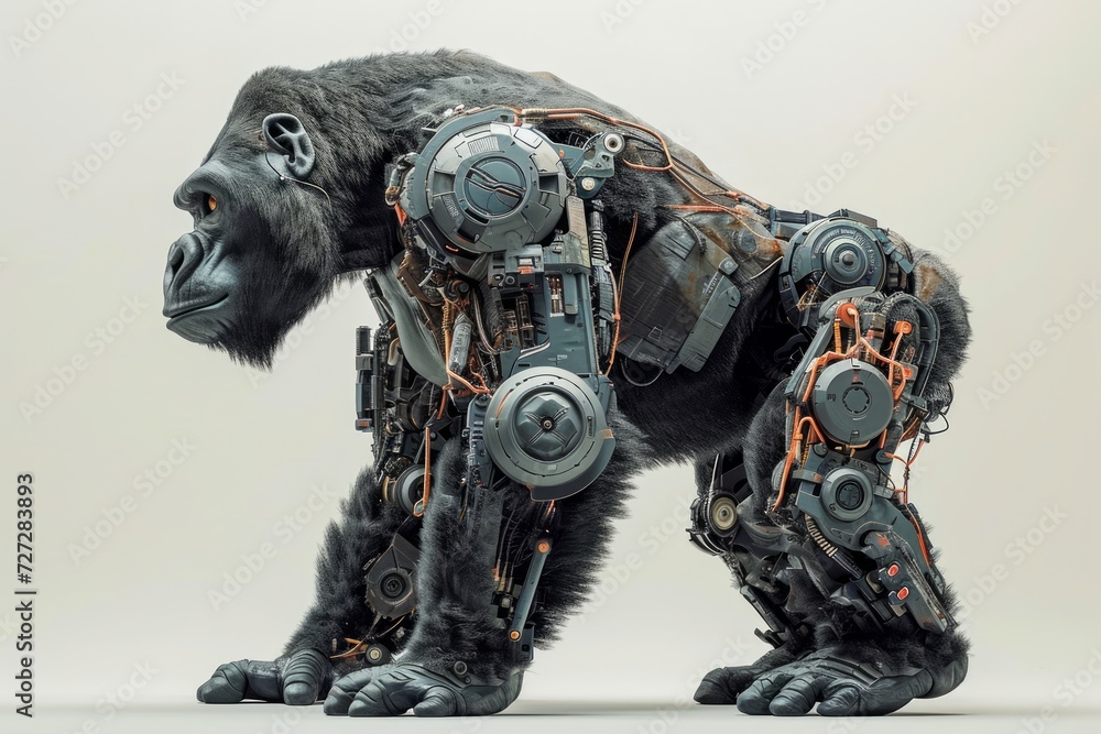 Aufkleber Realistic depiction of a gorilla integrated with robotic enhancements and cybernetic components, set against a plain white background Generative AI