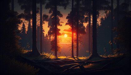 Sunrise in the forest mountain, Ai generated image