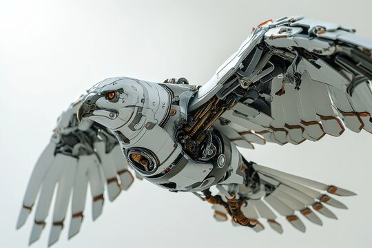 Realistic depiction of a cybernetically enhanced hawk with robotic wings and technological modifications, showcased against a clean white setting 