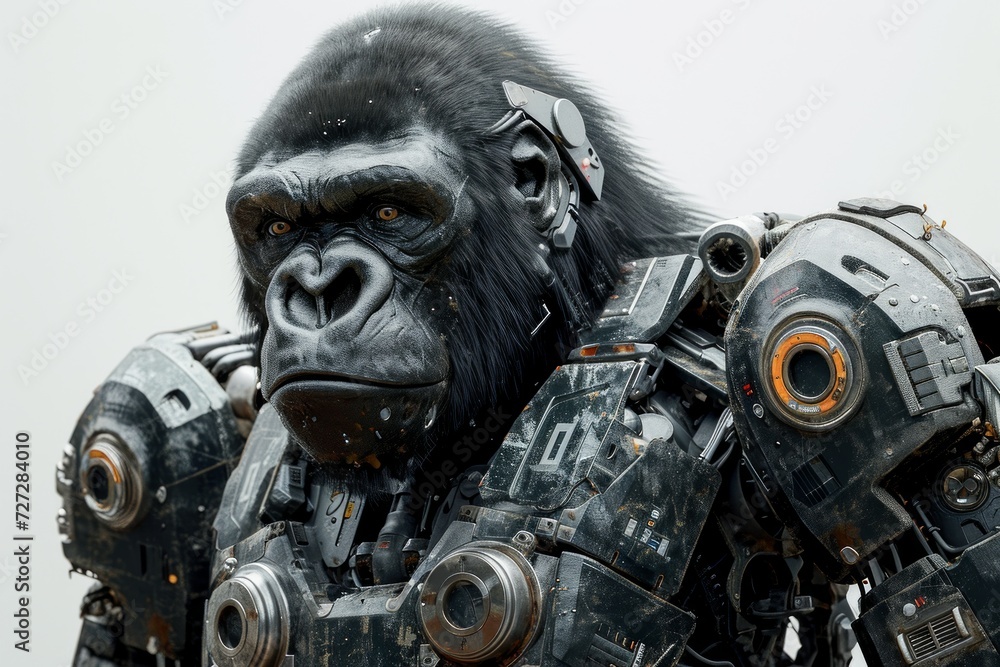 Poster realistic depiction of a robotically modified gorilla, featuring cybernetic arms and mechanical upgr