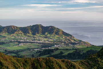 Panoramic view of the town Nossa Senhora dos Remédios along the south east coast of Sao Miguel island, in the Azores archipelago
