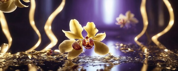 there is a yellow orchid flower that is in the water