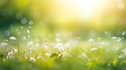 Obraz premium Beautiful gentle spring landscape, dew on grass on natural background. spring background with some wild flowers