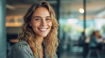 Obraz premium Realistic depiction of a woman in a corporate office environment, smiling confidently during a discussion in a meeting room 