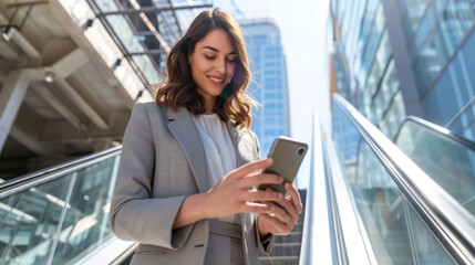 professionally dressed woman riding an escalator while looking at her smartphone, with modern buildings in the background